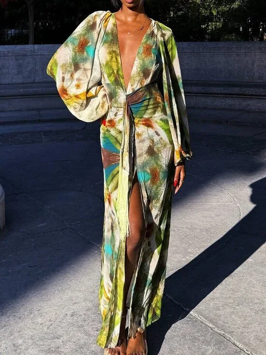 Green Sexy Women's Deep V Neck Loose Fit Tassel Long Sleeve Maxi Dress - Picture 6 of 6